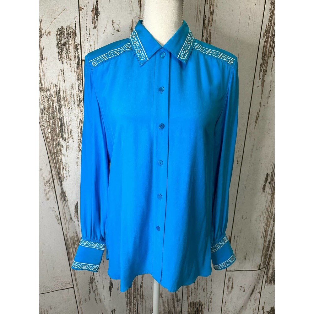 Blue Ice teal silk white embroidered beaded long sleeve blouse